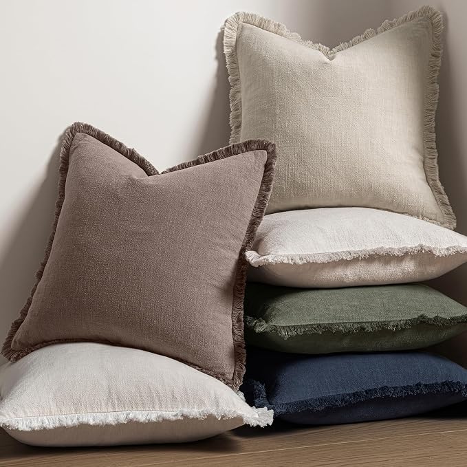 MIULEE Decorative Throw Pillow Covers Neutral Linen Fringe Throw Pillows Euro Shams Set of 2 Malt Ball Boho Farmhouse Cushion Covers for Couch Sofa Bed Living Room Fall Home Decor 24x24 Inch