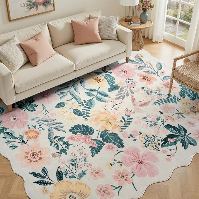 DCX Pink Floral Rug 5x7, Washable Pink Rug for Living Room, Kid & Pet Friendly with Rubber Back Non Slip, Soft Low Pile Carpet, Stain Resistant Rug for Bedroom, Nursery, Dining Room