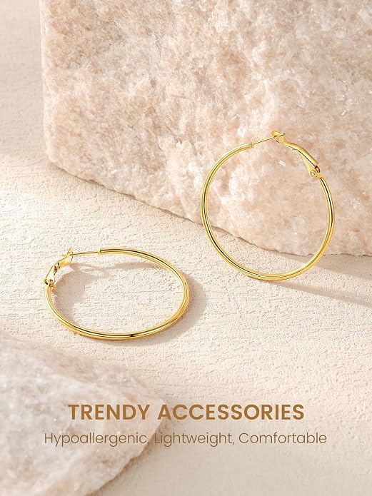 KeyStyle Gold Hoop Earrings for Women, Stainless Steel Hoops Earring Lightweight Loops, 2 mm Thick Hypoallergenic Circle Endless Thin Hoop (20/30/40/50/60/70/80/90/mm)