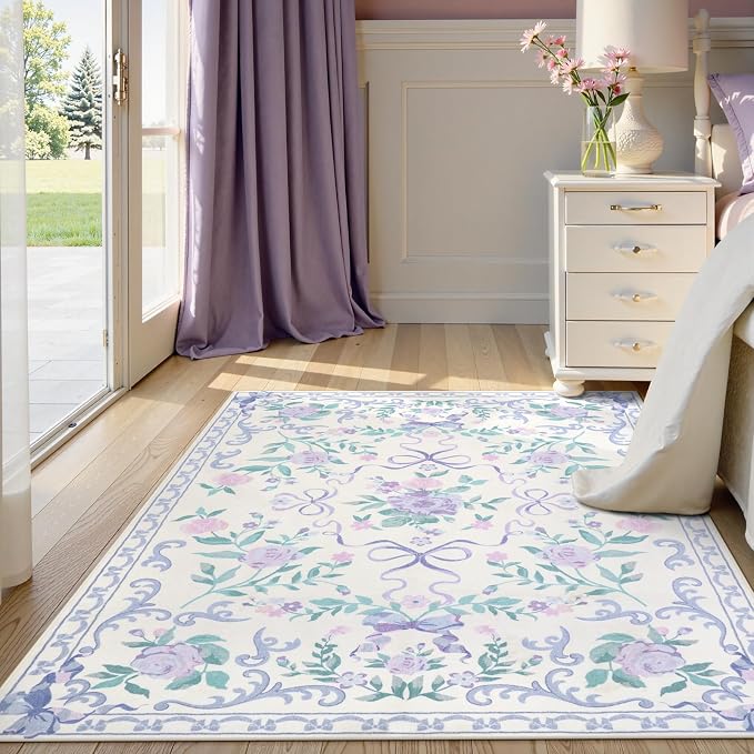 Collive Purple Rugs for Bedroom Girls, 4x6 Boho Floral Washable Area Rug Non Slip, Soft Indoor Decor Elegant Carpet for Kids Room Nursery Living Room Dining Room (Purple 4' x 6')