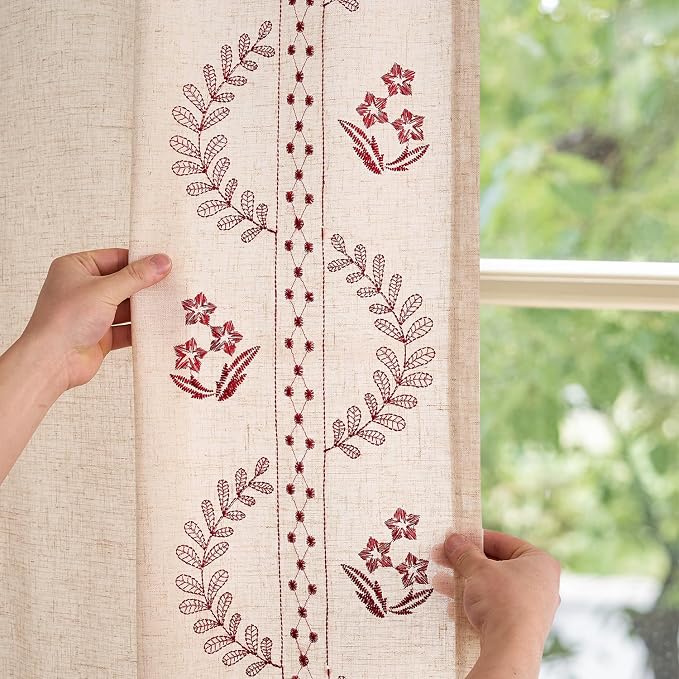 jinchan Floral Linen Curtains 63 Inch Back Tab 2 Panels Burgundy Red | Embroidered curtains,boho curtains,living room,bedroom,light filtering,privacy,flower patterned drapes,window treatment