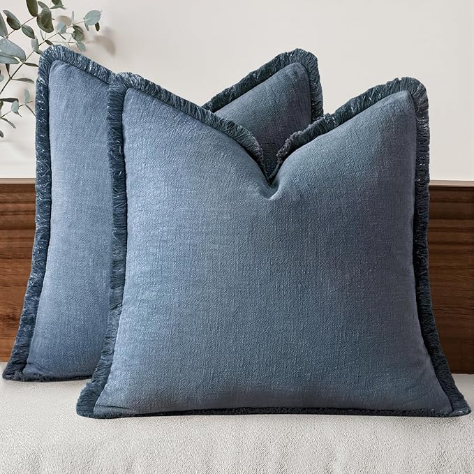 MIULEE Decorative Throw Pillow Covers Neutral Linen Fringe Throw Pillows Set of 2 Blue Ashes Boho Farmhouse Cushion Covers with Tassels for Couch Sofa Bed Spring Home Decor 28x28 Inch