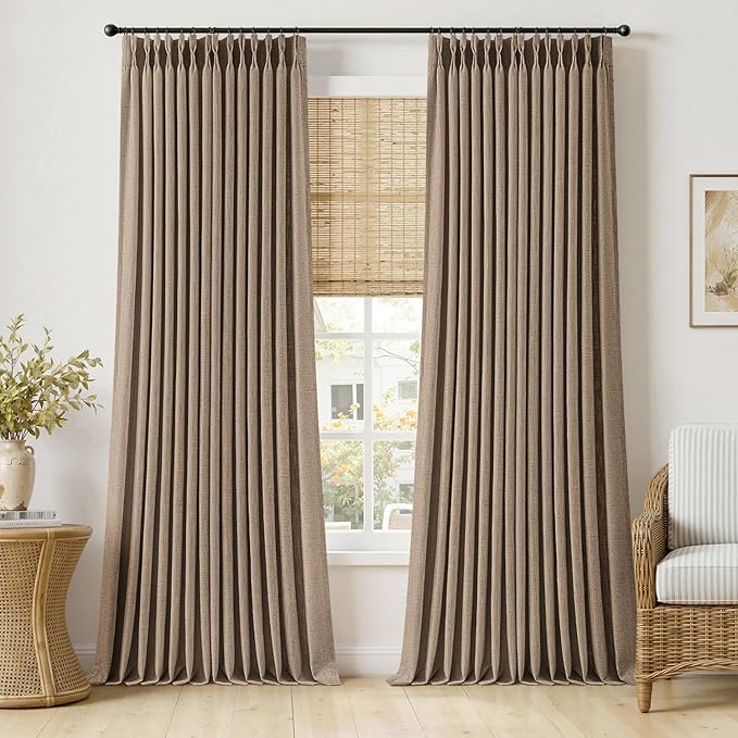 MIULEE Pinch Pleated Thick Linen Curtains 102 Inches Long 2 Panels for Living Room Bedroom, Linen Texture Pleat Drapes Memory Trained Light Filtering Brown Country Farmhouse Burlap Curtains with Hooks