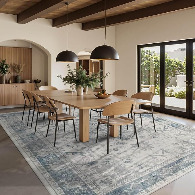 Rugxara 9x12 Extra Large Washable Area Rug, Soft Neutral Vintage Boho Rug for Living Room, Bedroom, Office, Farmhouse, Low Pile Imitation Wool Non Slip Carpet Ideal for High-Traffic Areas, Blue Grey