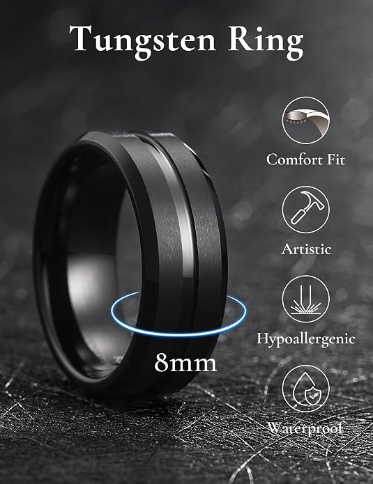 King Will Tungsten Carbide Wedding Band for Men Women-6/8/10mm Width Multicolor Available with Grooved Center Wedding Ring Suitable for Work, Gym Comfort Fit Size 4-16