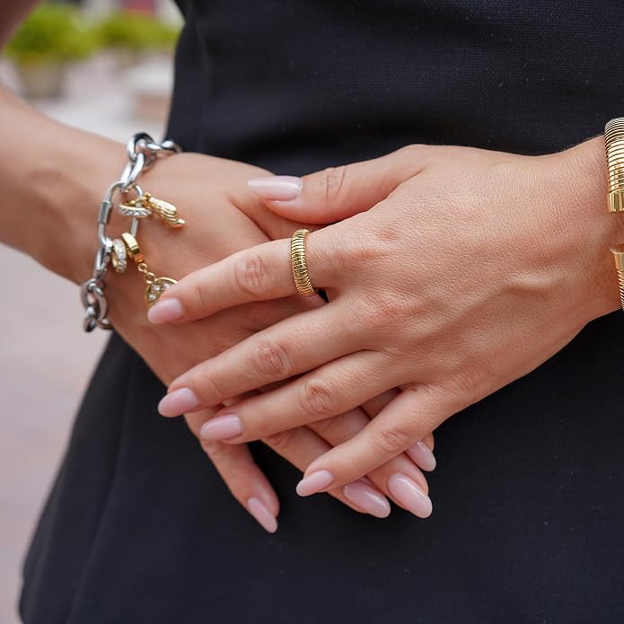 CIUNOFOR 14K Gold Plated Statement Rings, Stainless Steel Stackable Band Ring for Women, 0.2" Wide, Fit Size 6 to 9