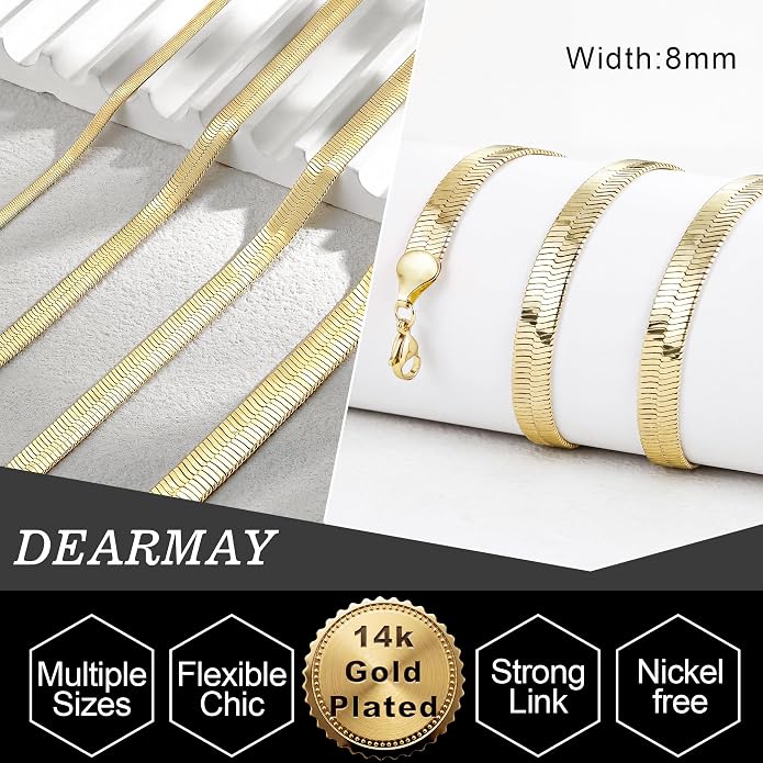 DEARMAY 14K Gold Plated Herringbone Necklaces for Women, Dainty Gold Snake Choker Chain Non Tarnish Trendy Simple Thin & Chunky Options Neckalce 1.5/3/5/6/8mm Chain Jewelry for Gifts