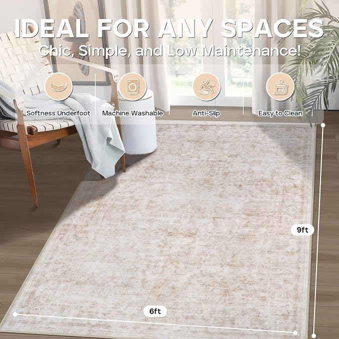 6x9 Area Rugs for Living Room Rug Washable: Modern Rug for Dining Room Bedroom Carpet Non Slip Low Pile 6 by 9 Indoor Abstract Nursery Home Office Beige White