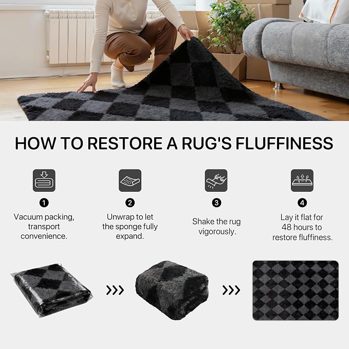 GENIMO Checkered Rug 6x9 Area Rugs for Kids Bedroom Soft Shag Rug Fluffy Fuzzy Carpet Plush Rugs for Living Room Nursery Playroom Dorm Modern Home Decor Aesthetic, Black and Grey