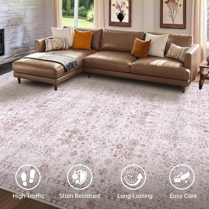 Sasttie 9x12 Area Rug, Ultra-Soft Washable Rug, Low Pile Foldable Thin Carpets with Non-Slip Backing, Skin-Friendly Stain Resistant Carpet for Living Room, Bedroom, Kitchen, Dorm, 9x12, Pink