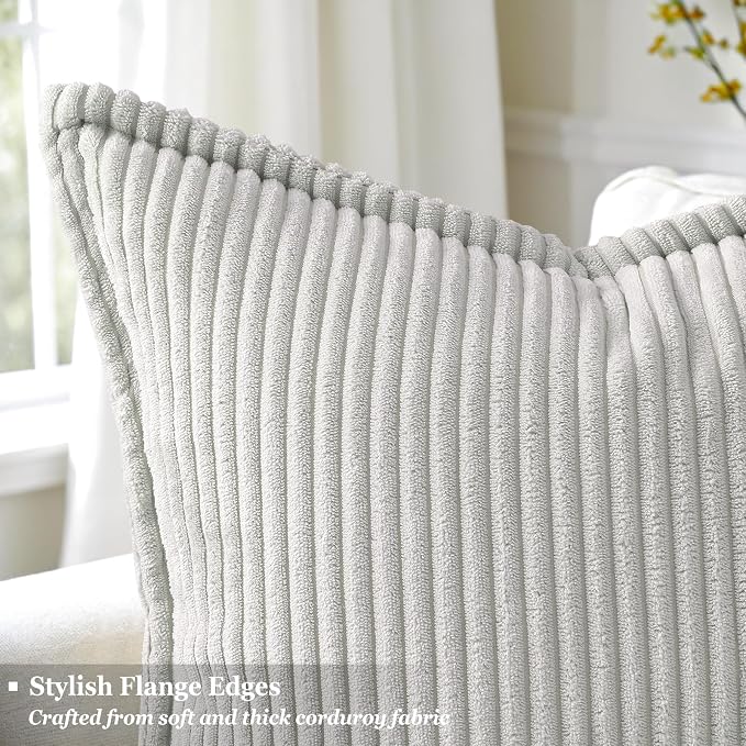 decorUhome Fall Corduroy Grey Throw Pillow Covers 16x16 Set of 2 | Couch Decorative Soft Modern Boho Farmhouse Pillow Covers Broadside Striped Pillow Cases for Living Room Bed Sofa