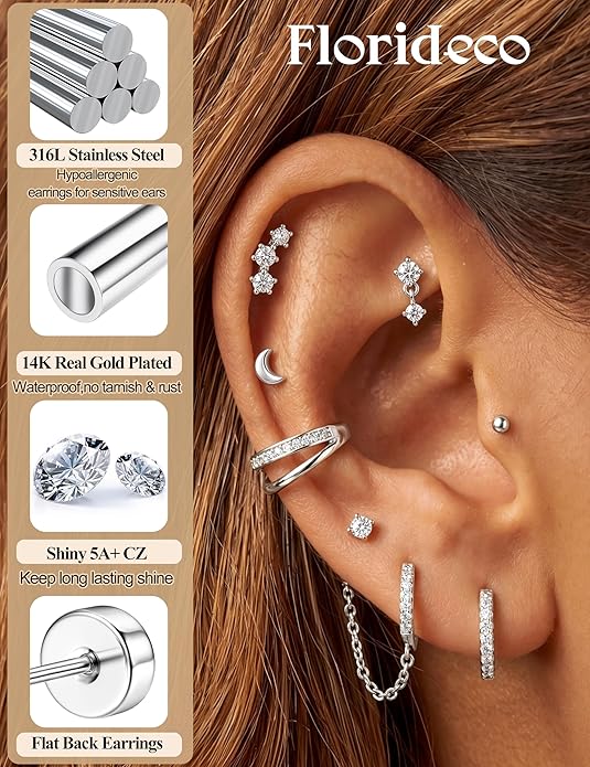 Florideco 14K Gold Plated Earrings for Women Hypoallergenic 20G Surgical Stainless Steel Flat Back Stud Earrings Dainty Stackable Earring Stacks Small Cartilage Earring Sets for Multiple Piercing