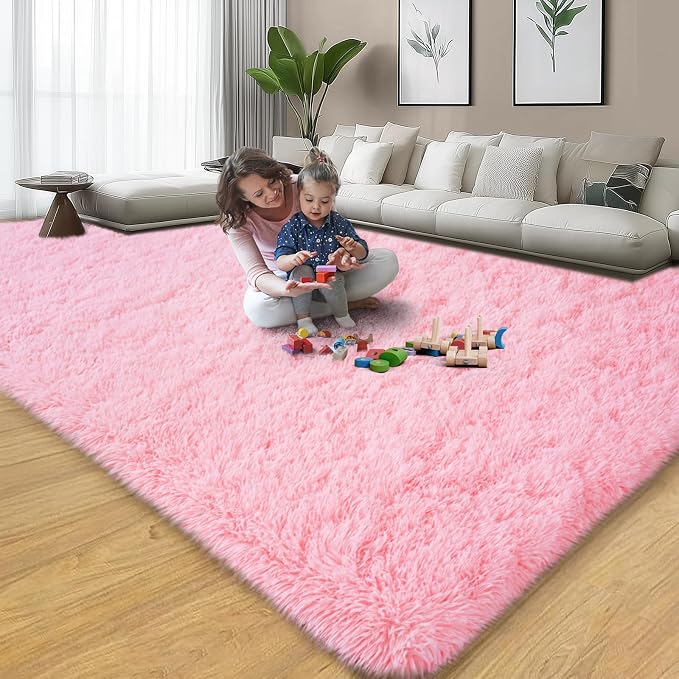 qulint 8x10 Area Rugs for Living Room, Large Fluffy Pink Rug for Bedroom, Soft Shag Shaggy Fuzzy Carpets for Boys and Girls, Modern Alfombras for Kid Room Dorm Room Home Decor (8ft x 10ft, Pink)