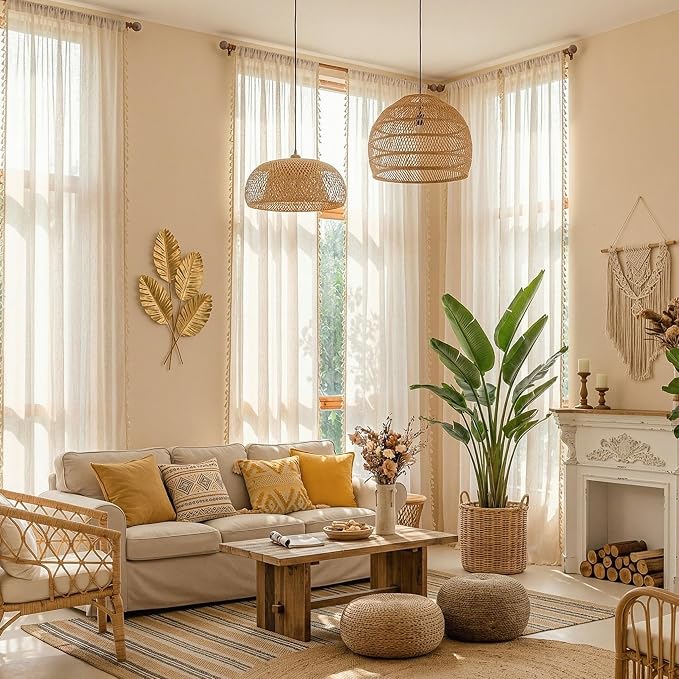 MYSKY HOME 96 Inch Length Farmhouse Semi Sheers Light Filtering Privacy Drapes for Sliding Glass Door, Bohemian Country Style Draperies with Tassel Back Tab, 50" W×96" L, Linen, 2 Panels