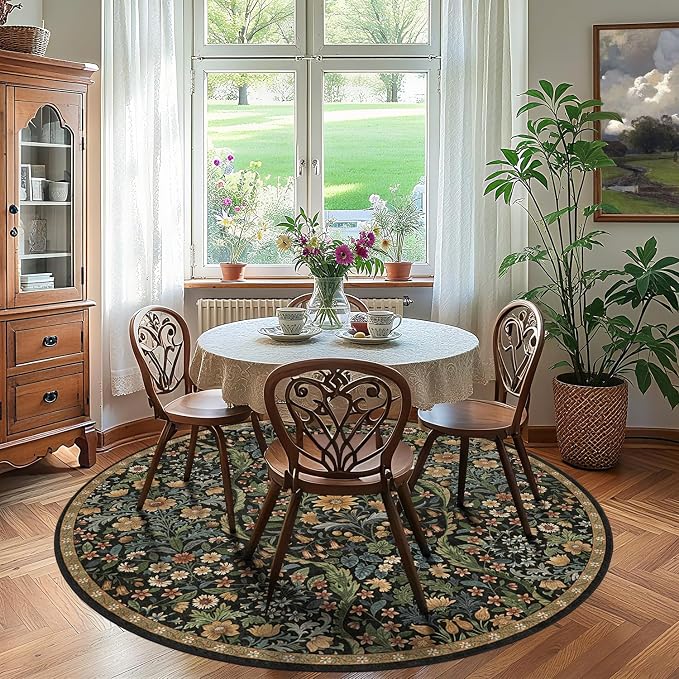 Round Rug 6ft Black Brown Washable Floral Circle Rug,Vintage Boho Botanical Round Area Rugs, Non-Slip Soft Low-Pile Circular Carpet for Bedroom,Kids Room,College Dorm,Home Decor