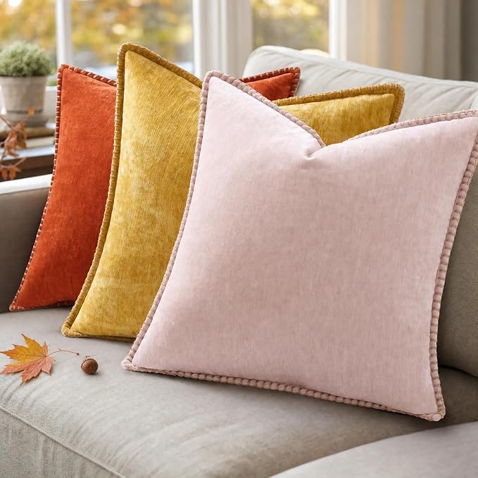 decorUhome Soft Chenille Throw Pillow Covers 16x16 Set of 2 Rust | Fall Textured Decorative Throw Pillow Cases Stitched Edge Modern Farmhouse Luxury Boho Velvet for Couch Sofa Bed Home Decor