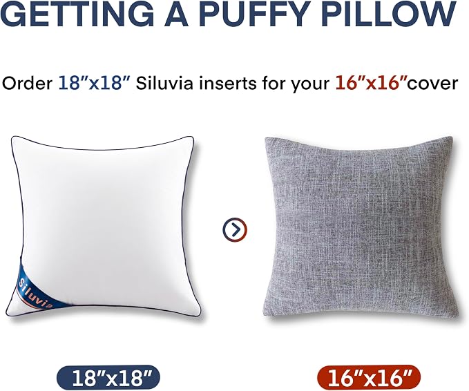Siluvia 18"x18" Pillow Inserts Set of 2 Decorative Square Throw 18" Pillows with 100% Cotton Cover for Sofa, Couch, and Bed - White | 100% pure cotton cover, soft and breathable