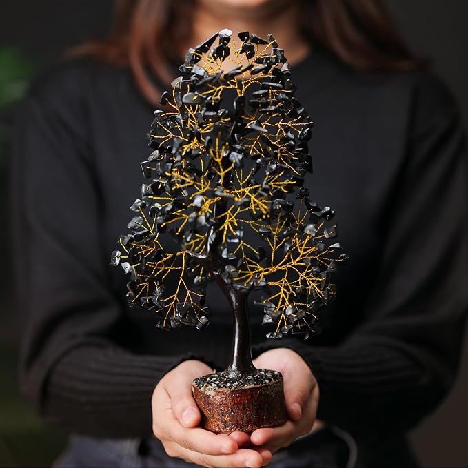 Black Tourmaline Crystal Tree of Life, Chakra Pendant Gemstone Tree, Chakra Healing Tree for Home Decor, Gifts for Women, Bonsai Trees for Positive Energy, Office Desk Decor, Room Decor 10-12"