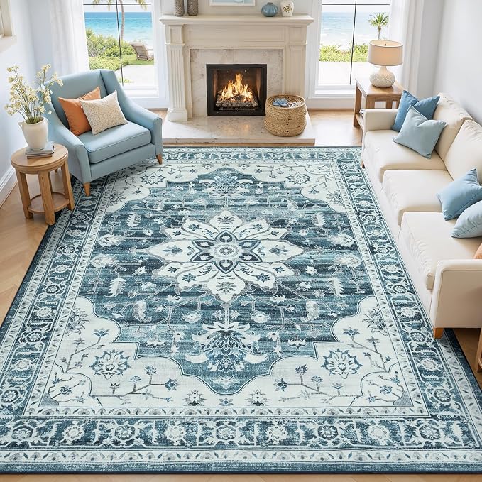 8x10 Coastal Blue White Large Area Rugs for Living Room - Boho Medallion Aesthetic Distressed Washable Rug, Soft Non-Slip Backing Low Pile Carpet for Dining Under Table, Bedroom, Office