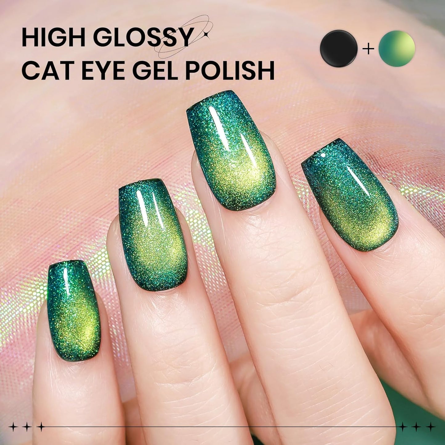 Green Cat Eye Gel Nail Polish 9D Magnetic Holographic CatEye Gel Polish Glitter Shimmer Reflective Effect with Magnet Soak Off Salon DIY at Home