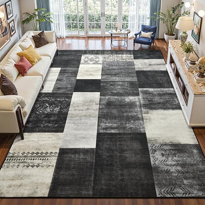 DweIke Washable Area Rugs 4x6 for Living Room, Modern Geometric Black White Soft Patchwork Carpet, Non-Slip Stain Resistant Throw Rug for Bedroom Dining Room Office Home Decor