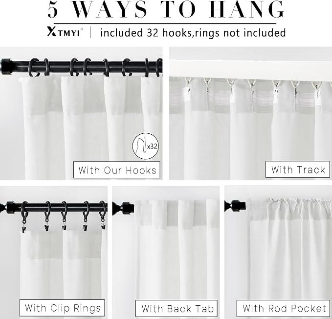 XTMYI White Back Tab/Hook Belt Linen Cotton Sheer Curtains for Bedroom White 63 Inches Long,2 Panels