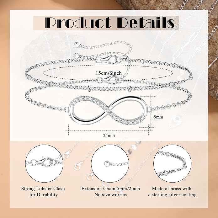 MILACOLATO 925 Sterling Silver Clasp Paperclip Chain Bracelets 14K White Gold Plated Solid Diamond-Cut Paperclip Chain Women Bracelet Adjustable Layered Satellite Beads Bracelets for Women