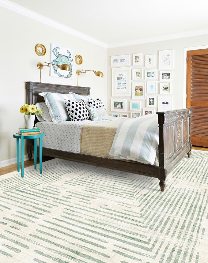 BLISSA Washable 5x8 Area Rug - Soft Modern Throw Rugs for Living Room Non-Slip Ultra-Thin Sage Green Lines Borderd Abstract Carpet for Bedroom Dining Room Rugs for Under Table Nursery Foyer Home Decor