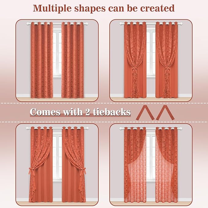 Yinhua Terracotta Curtains for Living Room Double Layer Curtain with Sheer Overlay Farmhouse Blackout Curtains for Bedroom 84 Inch Length, Grommet Drapes with Tiebacks, 2 Panels