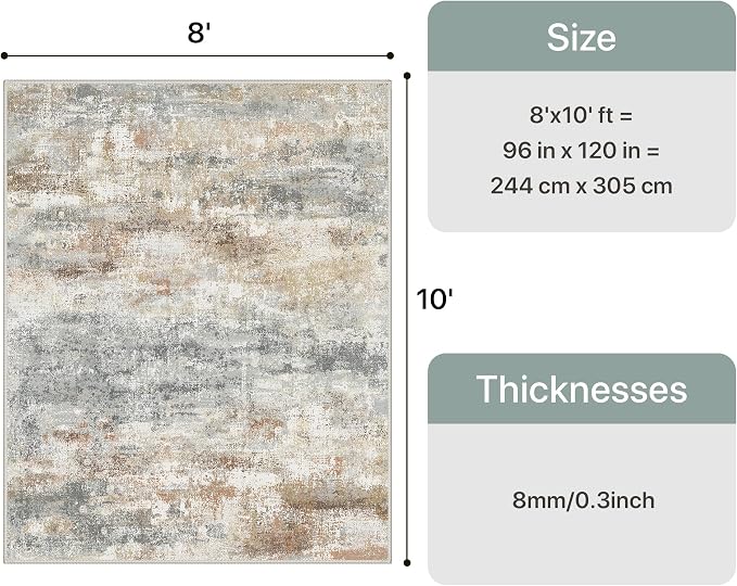 GENIMO Abstract Area Rug 8x10, Washable Large Modern Rug Non Slip, Low Pile Lightweight Soft Carpet for Living Room, Bedroom, Dining Room, Silver Tan