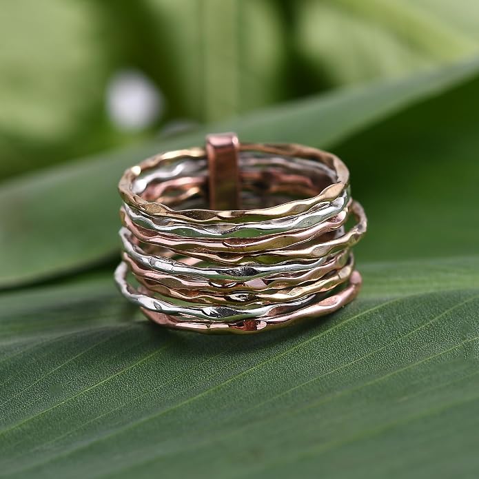 PHNX Two-Tone Stacking Ring for Women | Real Sterling Silver Ring| Hammered Finish Design | Elegant Boho Chic Jewelry | Perfect for Daily Wear, Special Occasions