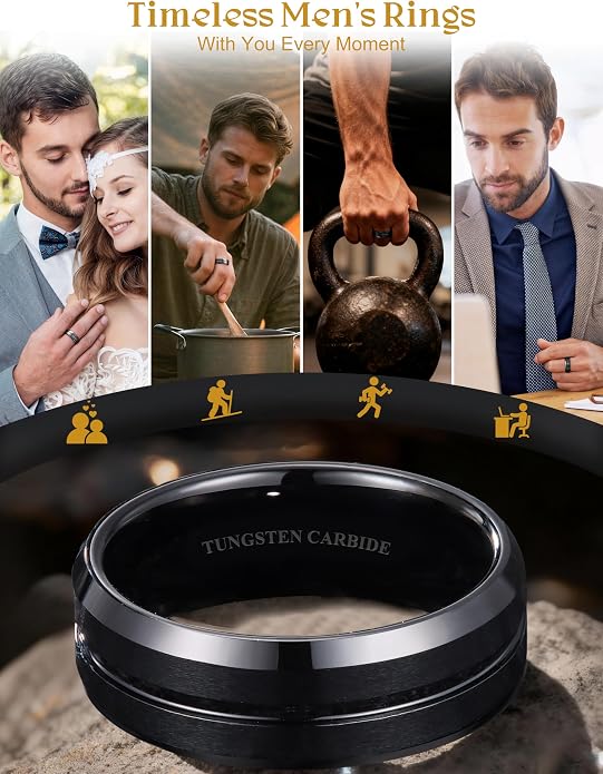 Jstyle Tungsten Wedding Rings for Men Black/Silver/Gold Mens Wedding Band 8MM Mens Engagement Rings Groove Beveled Edges High Polish/Matte Finish Men's Promise Ring Comfort Fit Size 7-14