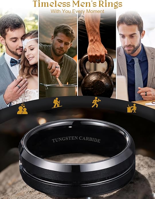 Jstyle Tungsten Wedding Rings for Men Black/Silver/Gold Mens Wedding Band 8MM Mens Engagement Rings Groove Beveled Edges High Polish/Matte Finish Men's Promise Ring Comfort Fit Size 7-14
