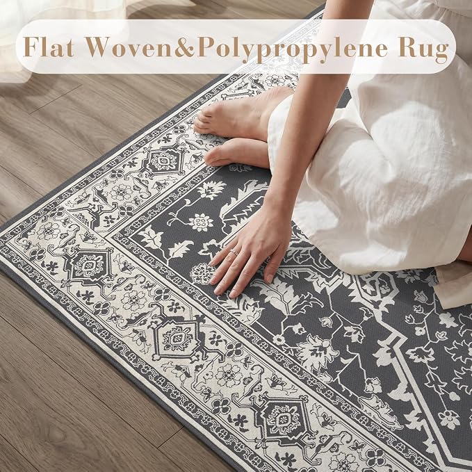 AMOAMI-Outdoor Rug-Patio Rug 6x9 ft Quick Dry Flatweave Textured Machine Washable Outdoor Carpet with Rubber Particles Backing Vintage Outdoor Area Rug for Patio Deck Front Porch Balcony Greyish Black