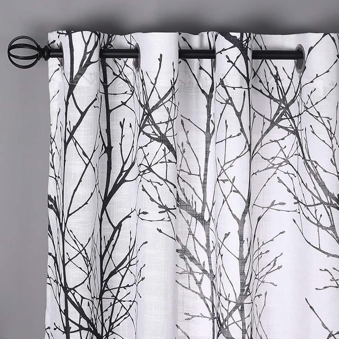 FMFUNCTEX Linen Black White Semi Sheer Print Curtains 45 Inch Long 2 Panels | Short Sheer Branch Patterned Drapes, Light Filtering Grommet Panels for Kitchen, Bathroom, Cafe Windows and Farmhouse Curtain