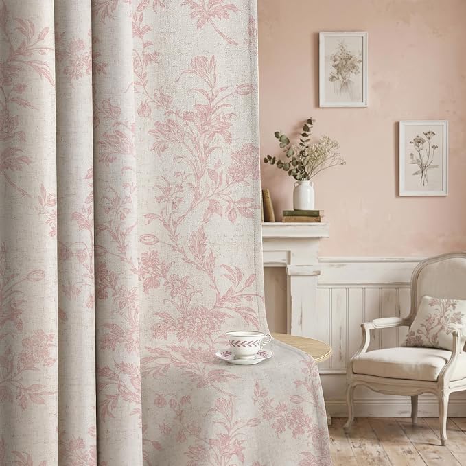 Pink Floral 100% Blackout Curtains for Bedroom 84 Inch Length 2 Panels Set, Linen Texture Farmhouse Curtains for Living Room