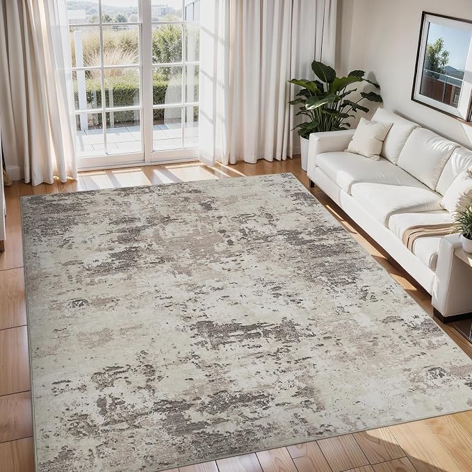 ROYHOME Modern Abstract Area Rug 9x12 Non Slip Non Shedding Rug Low Pile Stain Resistant for Bedroom Living Room,Brown Grey