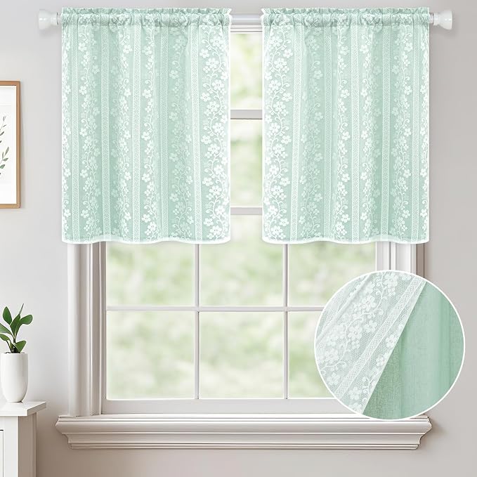 ASPMIZ Linen Kitchen Tier Curtains 24 Inch Length, Double Layered Kitchen Curtains 2 Panel Sets Rod Pocket Short Window Curtain, Farmhouse Window Treatment Curtain for Bathroom, Cafe, Mint Green