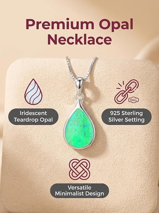 Teardrop Opal Necklace for Women - 925 Sterling Silver October Birthstone Pendant Necklace, Dainty Pear Shape Gemstone Jewelry Gif for Her, Adjustable Box Chain