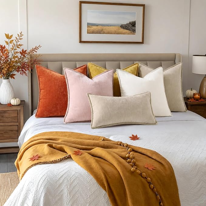 decorUhome Soft Chenille Throw Pillow Covers 22x22 Set of 2 Rust | Fall Textured Decorative Throw Pillow Cases Stitched Edge Modern Farmhouse Luxury Boho Velvet for Couch Sofa Bed Home Decor