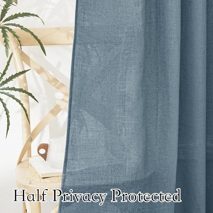 RYB HOME Long Linen Curtains 96 inches Long for Living Room, Light Airy Breathable Window Decor Drapes 2 Panels Set for Laundry Room Home Office, W 52 x L 95 inches, Stone Blue, 2 Panels