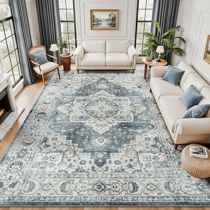 Lessymo Washable Area Rug for Living Room,10x14 Large Rugs with Non-Slip Backing,Soft Boho Carpets for Bedroom Dining Room Nursery Home Office,Blue Grey/Beige