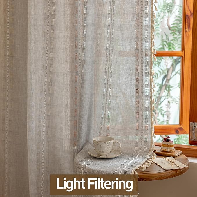 Light Gray Boho Sheer Curtains 72 inches Long 2 Panels for Bedroom, Light filtering Semi Sheer Bohemian French Country Privacy Tassels Vintage Chic Embroidery Stripes Window Curtains Back Tab, 50" W