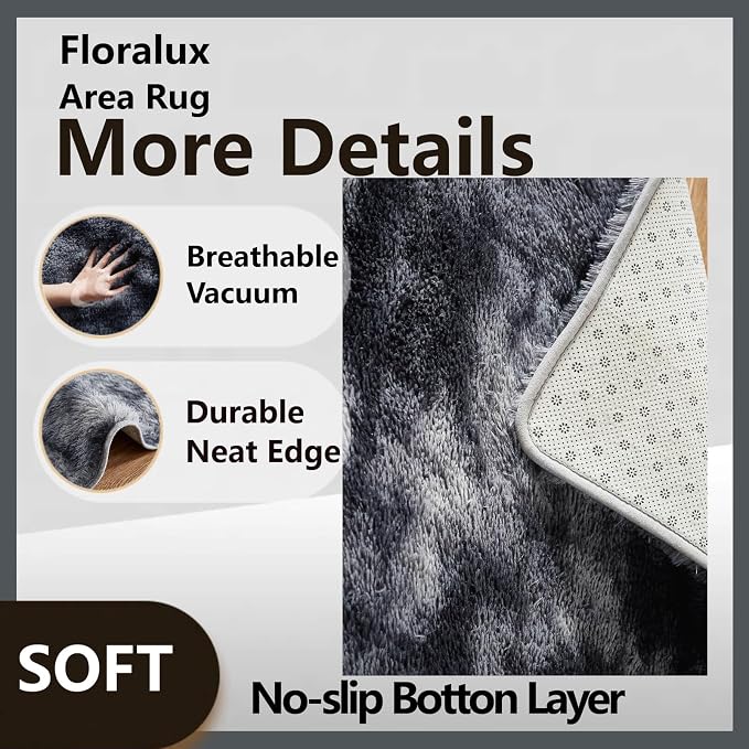 Floralux Large Shag Area Rugs 6x9 for Bedroom, Tie-Dyed Dark Grey, Plush Rugs for Living Room, Ultra Soft Fluffy Carpet, Non-Slip Indoor Floor Carpets for Kids Room, Playroom