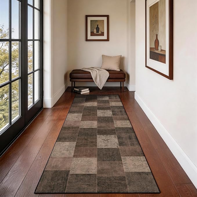 LIANLAM 2x6 Washable Runner Rug for Hallway&Kitchen,Non-Slip Long Carpet with Vintage Boho Checkered Design,Ultra-Thin Low Pile,Stain Resistant Easy Clean Floor Mat for High Traffic Areas(2x6,Brown)