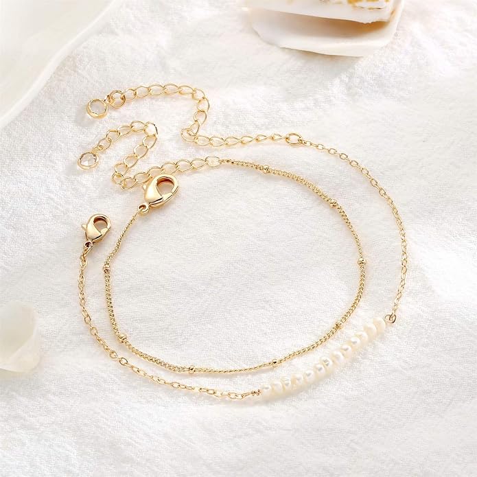 Dainty Gold Bracelets for Women, 14K Gold Plated Adjustable Layered Beads Bracelet Cute Evil Eye Oval Chain Pearl Bar Turtle Gold Bracelets for Women Jewelry