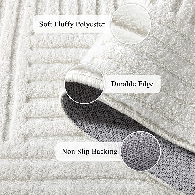 SHACOS Soft Cozy Fluffy Arch Pattern High Low Pile Rugs 4'x6' Non Slip Washable Scandinavian Minimalist Rug Modern Geometric Arc Carpet for Living Room Bedroom Dining Room, Cream White