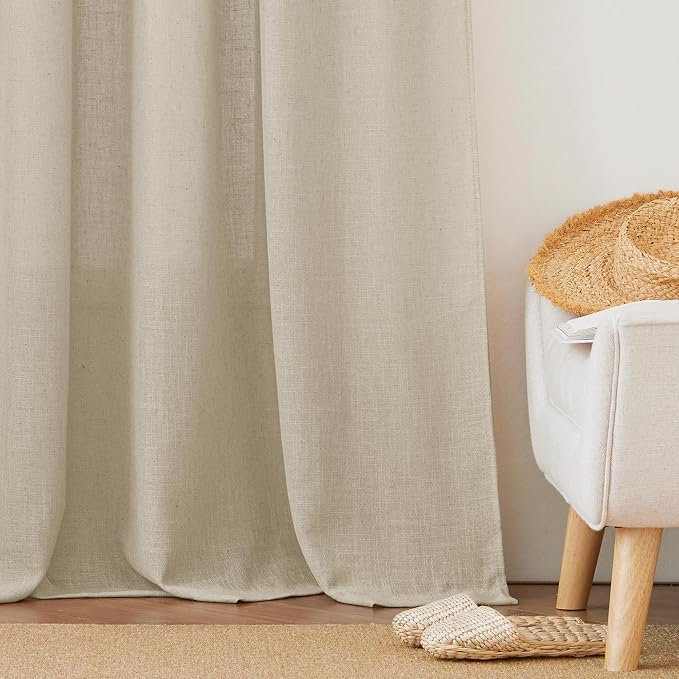 RYB HOME Linen Curtains 63 inch Length - Premium Flax Linen Material Soft Airy Breathable Semi Sheer Half Privacy Protected for Bathroom Girls Boys Bedroom Nursery, W 52 x L 63 inch, 2 Panels, Beige