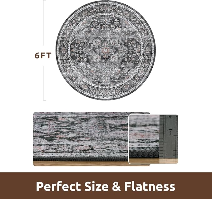 AMOAMI-6FT Round Rug-Rugs for Living Room-Vintage Soft Black Rugs for Bedroom-Non Slip Circle Rug-Machine Washable Rug for Dining Room Living Room Bedroom Office Under Table Dark Grey & Black