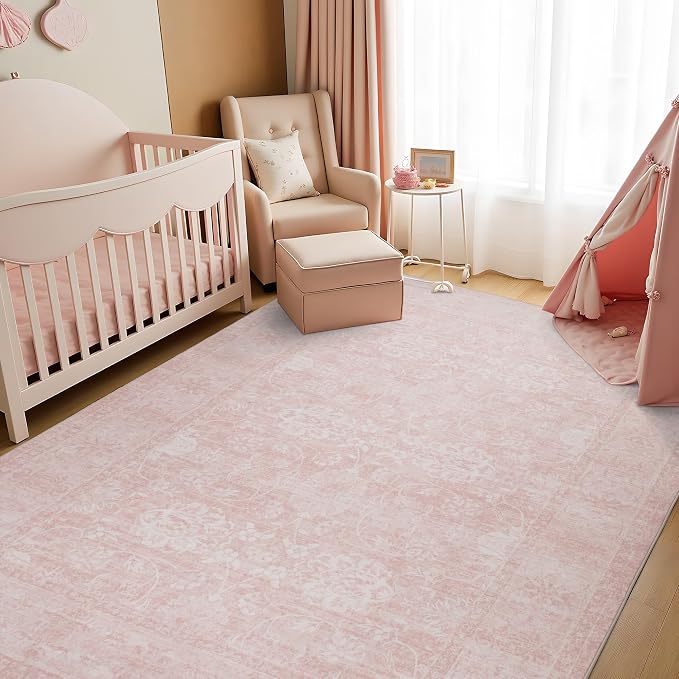 5x7 Vintage Washable Area Rug, Pink | Living Room, Non Slip Boho Carpet, Non-Shedding Kids Rug, Soft Indoor Stain Resistant, Floral Print
